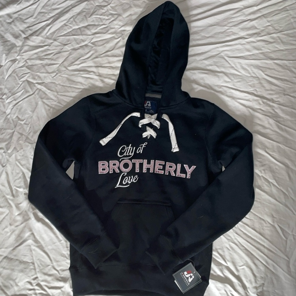 Navy (looks black) J. America sport lace hoodie. City of Brotherly Love - 76ers